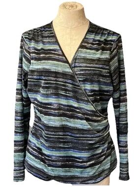 Jones New York Collection Striped Faux Wrap Top Multicolor Long Sleeve Size XL